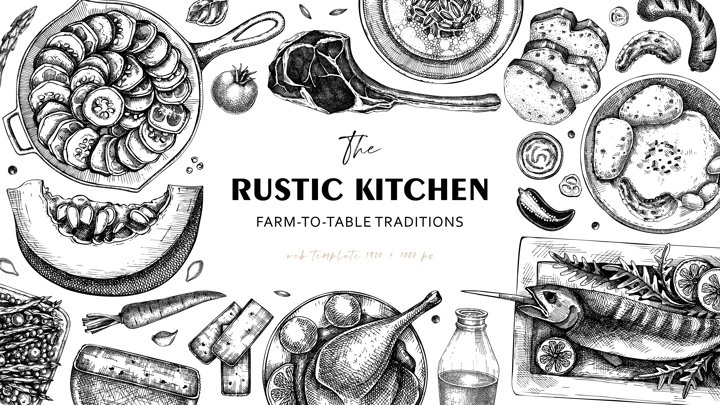 Farm food background in engrved style. Hand drawn vector illustration. Farmhouse kitchen sketches. Family dinner frame design. NOT AI generated.